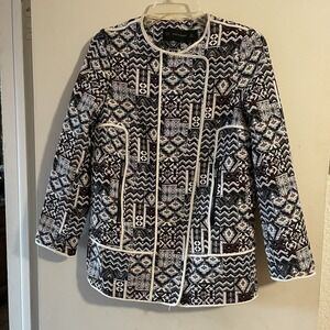 Zara Basic Women XS Geometric Jacquard Collarless Jacket Black White Burgundy